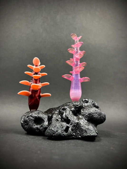 Pinks and Red  Glass Succulent pair on lava casting