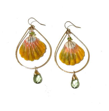 Moonrise Sunrise shell earrings with green amethyst