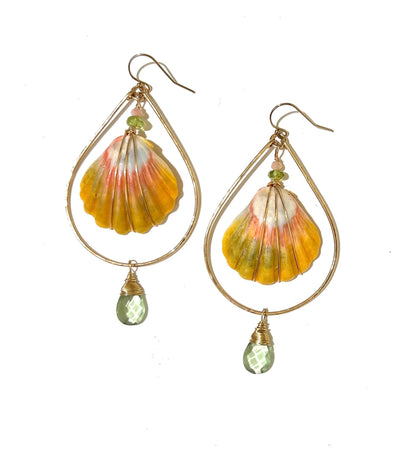 Moonrise Sunrise shell earrings with green amethyst