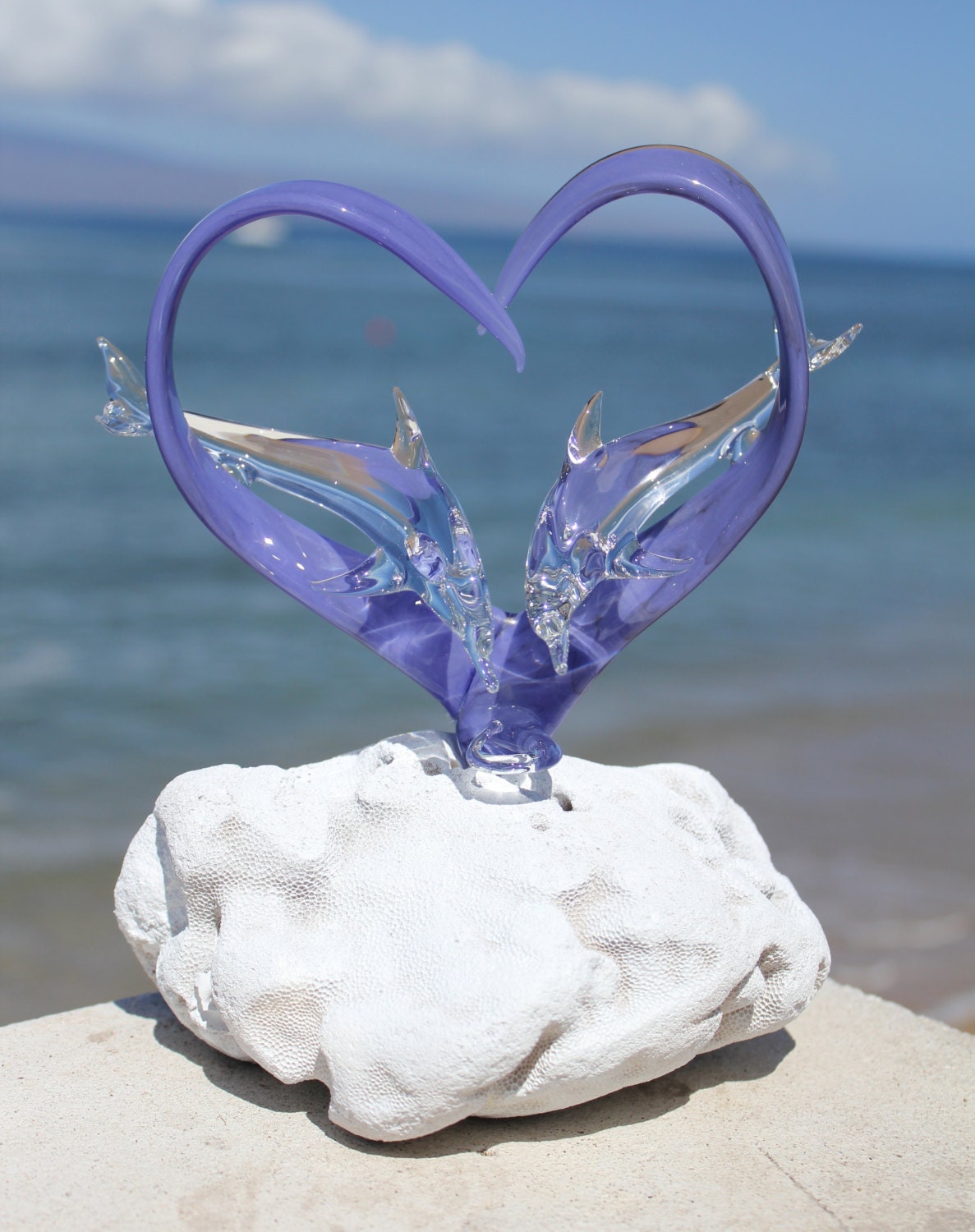 Frosted Glass Heart Cake Topper with Two Dolphins