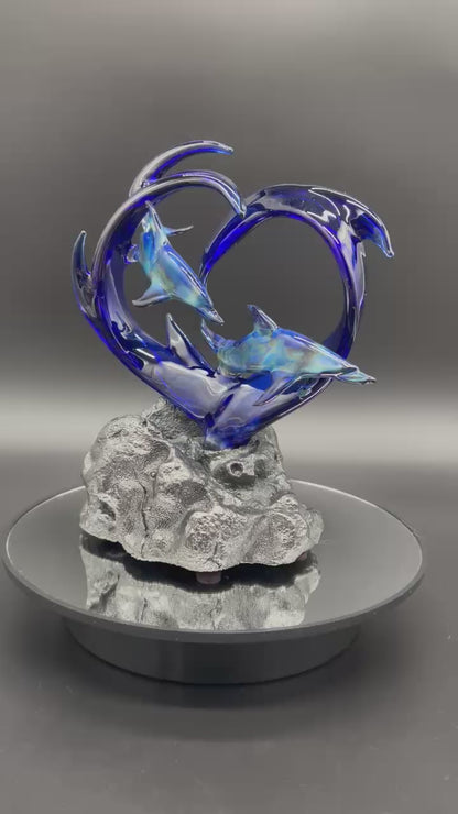 Blue dolphin lovers glass sculpture